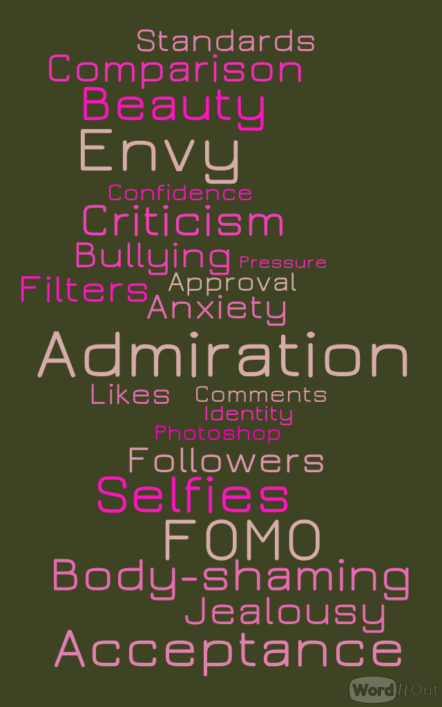 Word cloud of that adolescents commonly associate with body image and social media vocabulary (audio description below). 