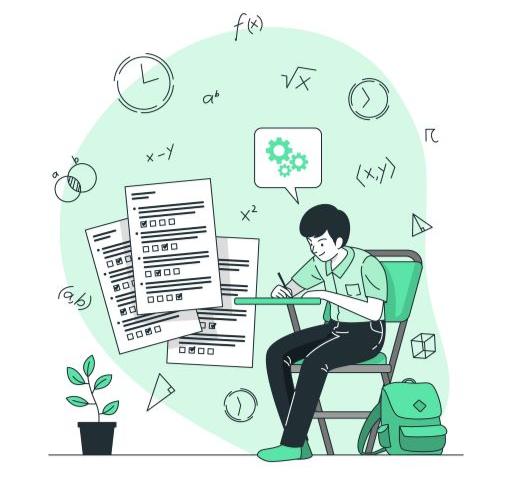 Illustration of male at desk, background of floating exam papers, multiple clocks depicting different times, & math symbols 