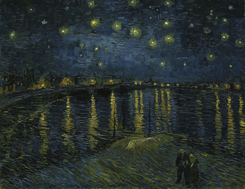 An oil painting by Van Gogh depicting a starry night over water with two boats and two figures in the foreground.