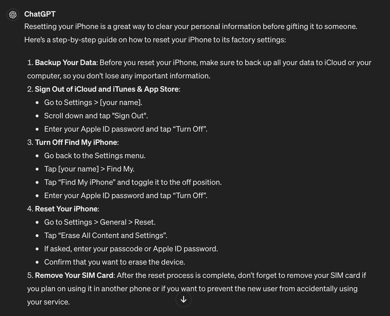 Steps to reset an iPhone, provided by ChatGPT (audio description available below).
