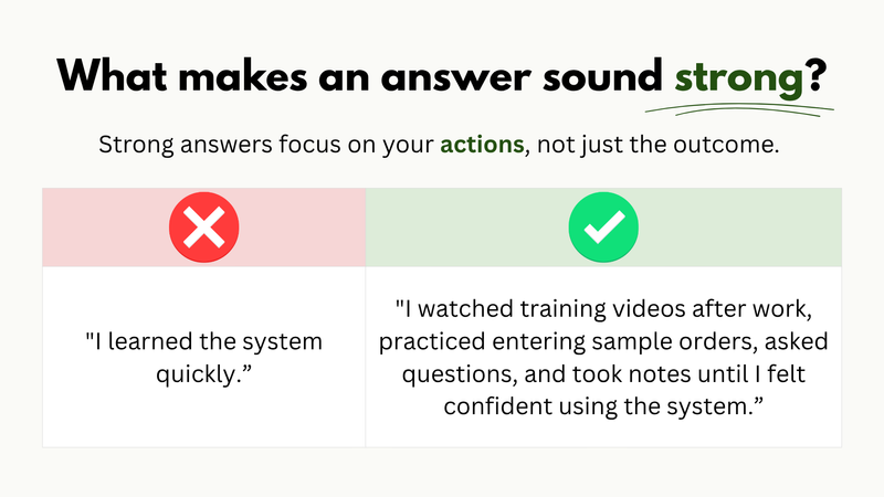 A comparison graphic showing the weak and strong answers from above.