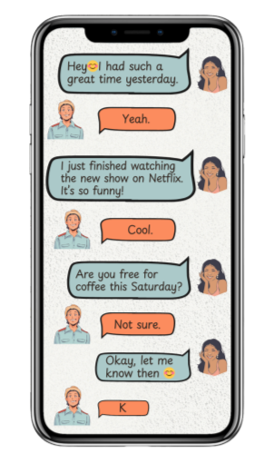 A dating app chat between two people (audio description below) that shows dry texting.