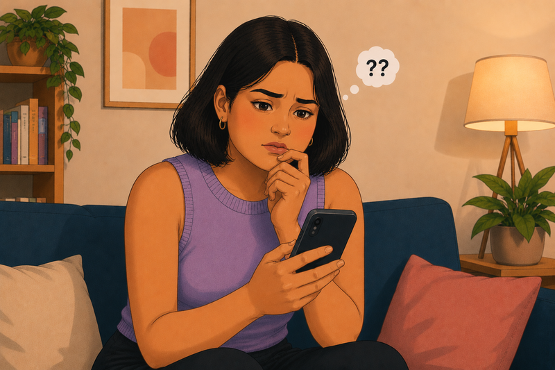A young woman on a sofa looking at her phone with a puzzled expression. A small thought bubble shows question marks.