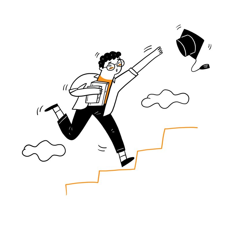 A drawing of a student climbing a staircase while chasing a graduation hat