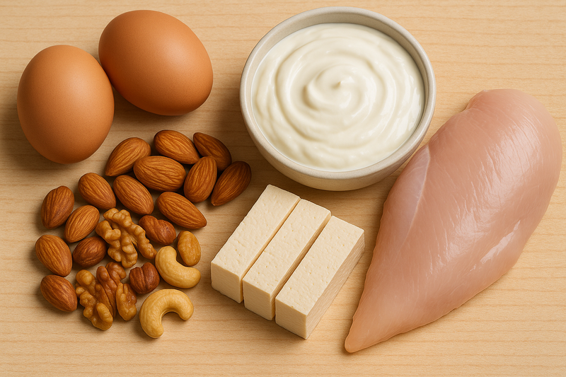Eggs, nuts, yogurt, chicken, and tofu.