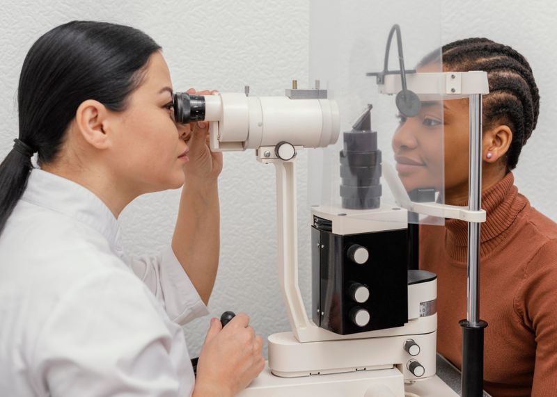 Close up image of a female doctor using an instrument to check a woman's eyes.
