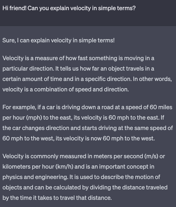 Image: Results of asking ChatGPT to explain velocity in simple terms.