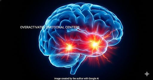 A brain with its lower emotional centers illuminated, symbolizing intense and overwhelming emotions.