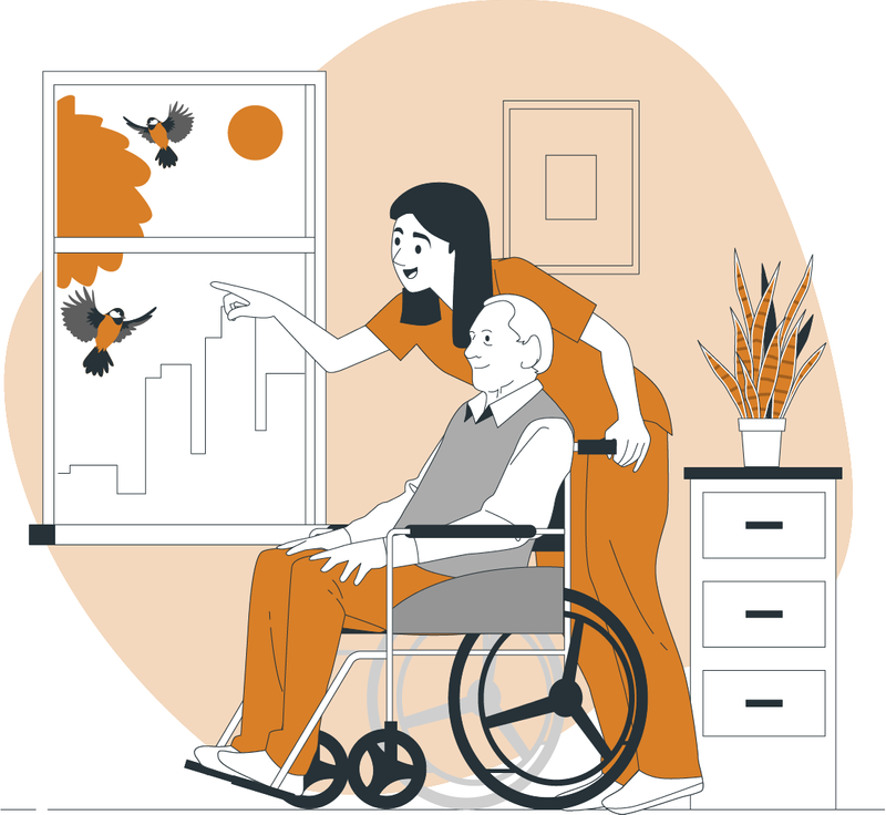 A content male-presenting elderly man sitting in a wheel-chair is looking at window birds that their friend is pointing at.