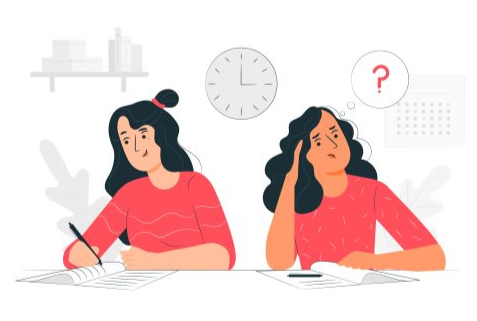 Illustration two female students setting at desk one writing an exam paper, the other thinking about what to write on paper 