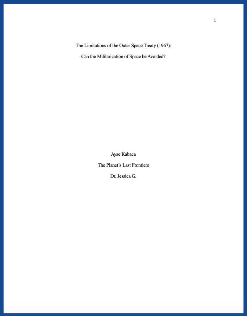 A sample title page. At the top: page number and title. Below: the writer's name, and course info.