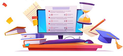 Illustration depicting laptop showing screen with quiz text on a desk strewn with books, calendar and a sand timer