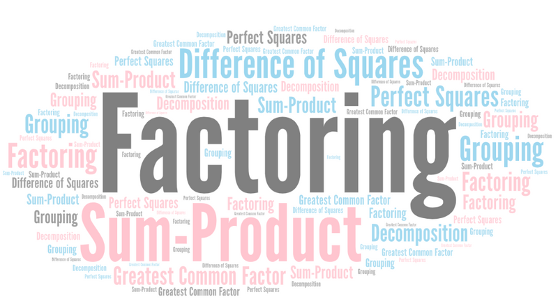 A word cloud of factoring, gcf, sum-product, decomposition, grouping, perfect squares, difference of squares.