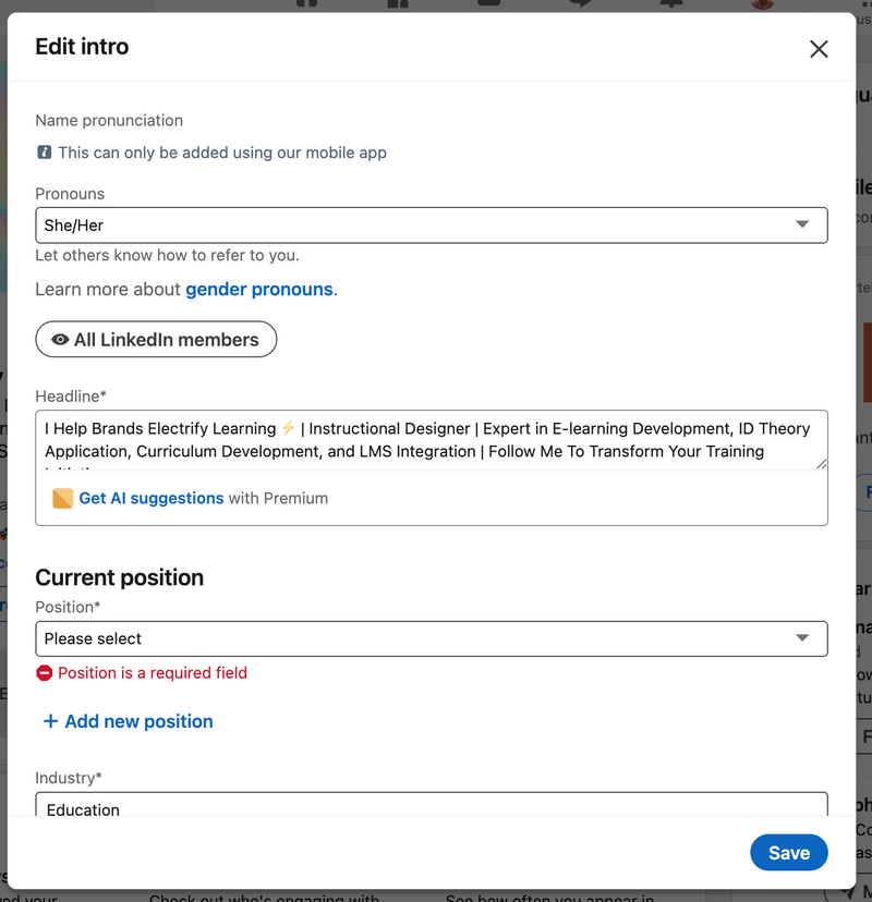 Screenshot of personal LinkedIn edit section page (audio description below).