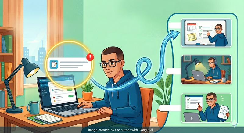 A professional at a desk initiates and follows a four-step digital workflow from task notification to successful completion.