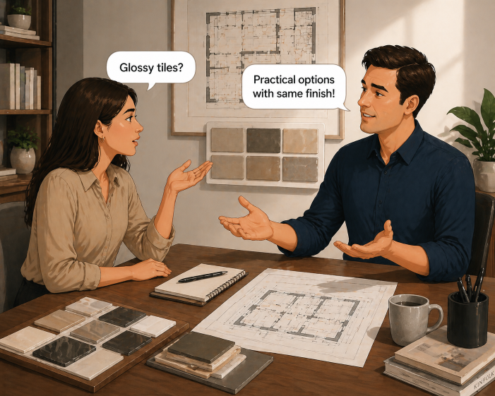 In an office, a client asks for “Glossy tiles?” and the architect suggests, "Practical options with same finish!"