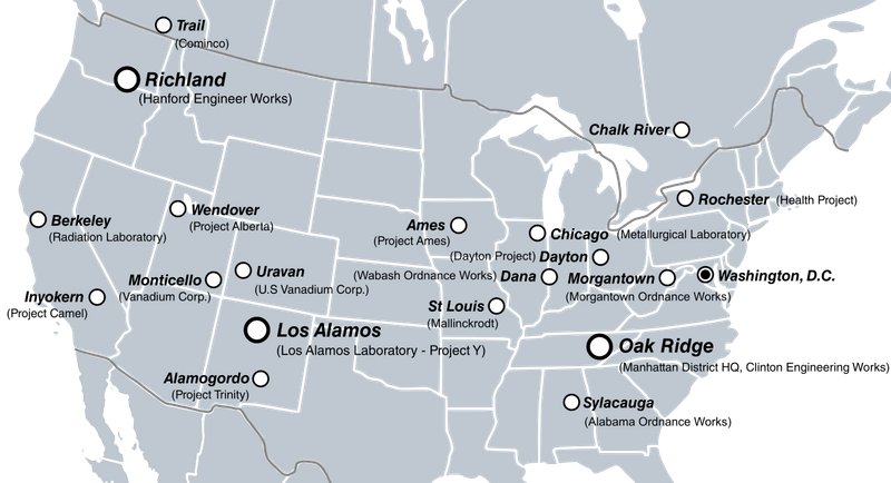 A map of all the locations in North America that played a role in the Manhattan Project.