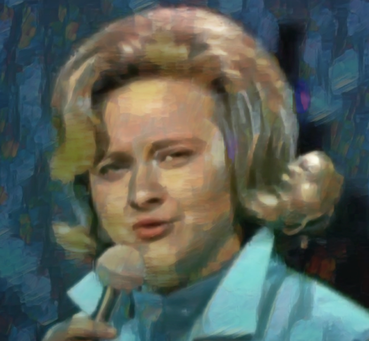 painted headshot of Wilma Burgess singing into a microphone wearing a blue collared shirt and a 1960's flipped hairstyle