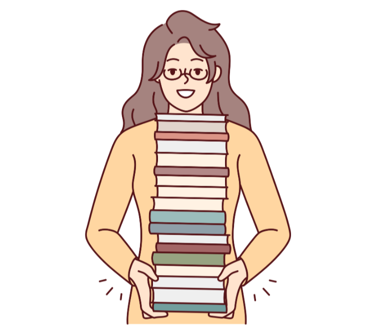 A graphic illustration of a woman holding a stack of almost 20 books.