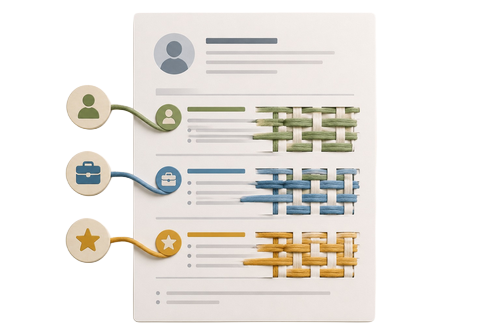 Colored threads woven throughout a resume to represent keywords being naturally used across different sections.
