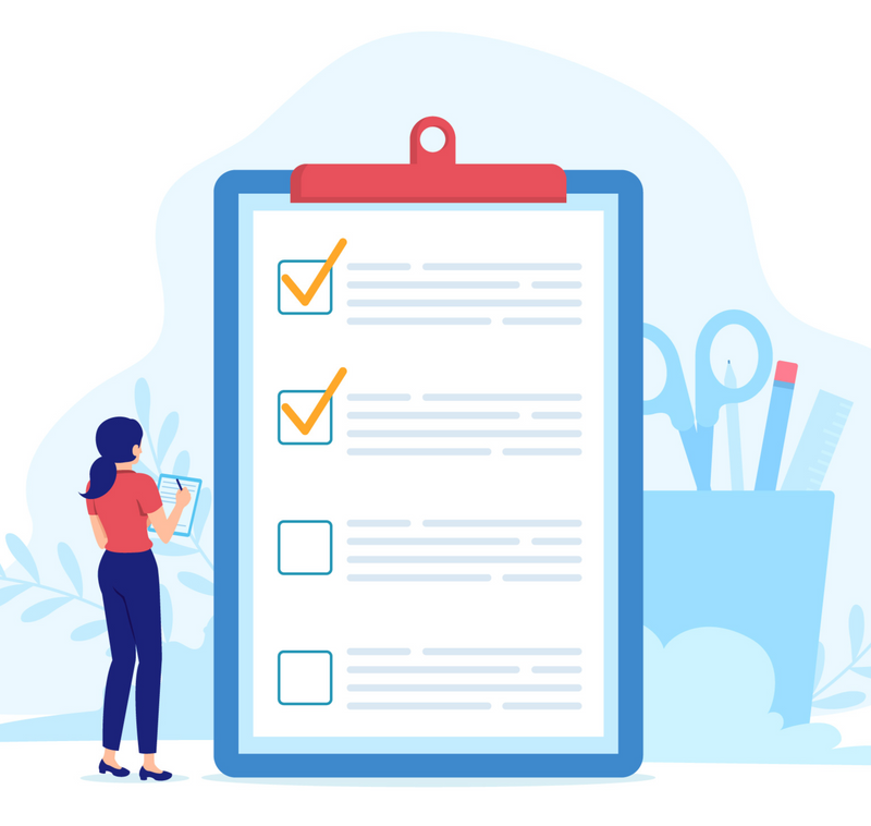 Illustration: A small person stands next to a giant checklist on a clipboard; two items are checked with orange marks.