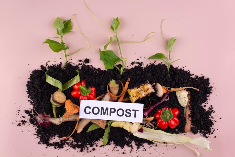 Image showing fruit & vegetable scraps mixed with soil with the word compost written on top