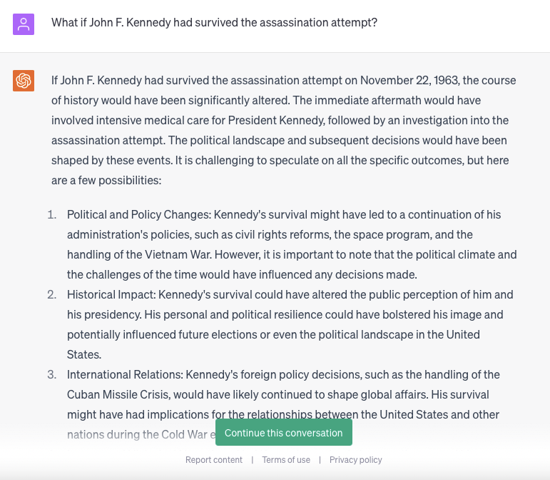 Answer to ChatGPT prompts: “What if John F. Kennedy had survived the assassination attempt?