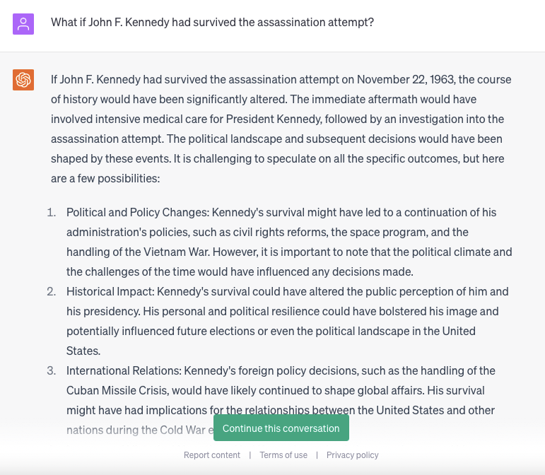 Answer to ChatGPT prompts: “What if John F. Kennedy had survived the assassination attempt?'