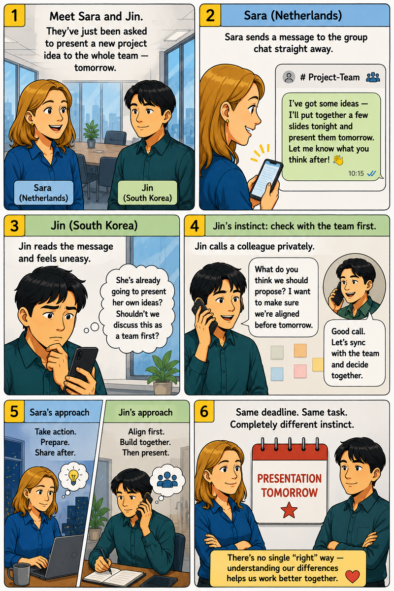 A comic strips showing a work scenario (audio description below).