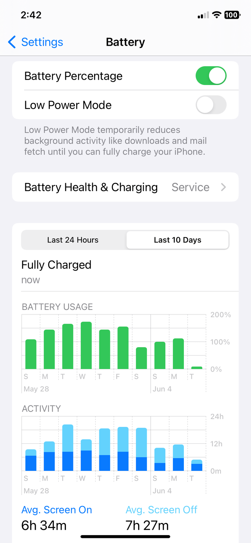 iPhone battery usage information under Settings.