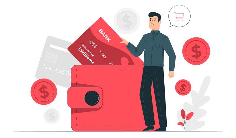 Illustration of man standing next to wallet pulling credit card out of wallet. 