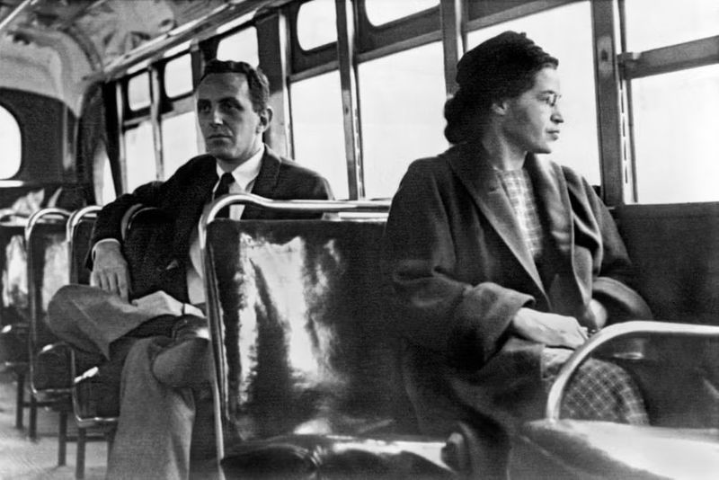 Rosa Parks seated toward the front of an integrated bus in Montgomery, Alabama, in 1956.