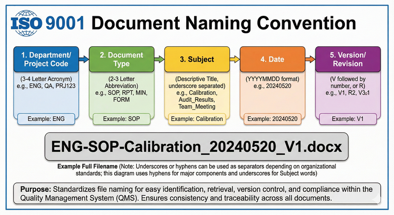A graphic depicting the ISO 9001 naming convention (audio description below).