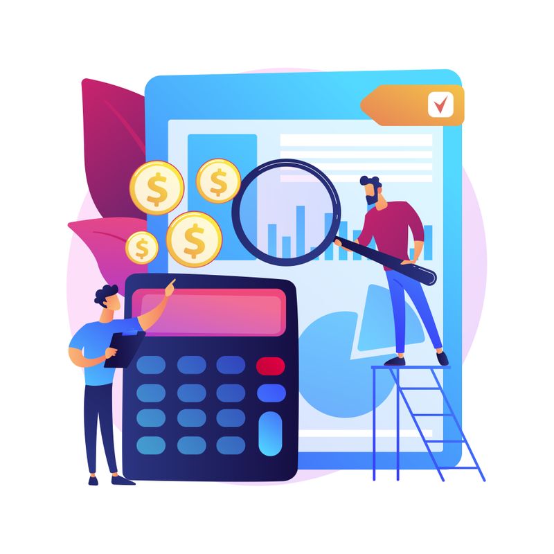 A vector representation of two accountants analyzing a financial statement using a calculator.