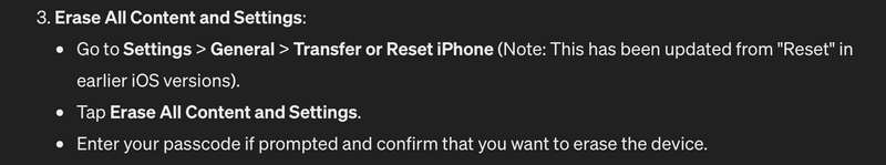 One of the steps to reset an iPhone running iOS 17.4.1, generated by ChatGPT (audio description available below).