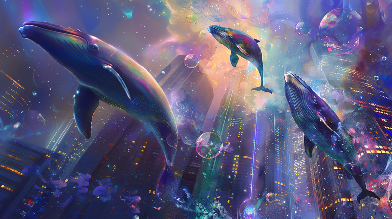 An ai image generated of whales floating in the sky with skyscrapers behind them.