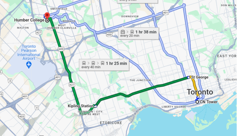 A map from the CN Tower to Humber College.