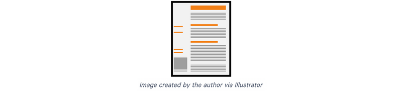 An illustration of a textbook page with the title, headings and bolded text highlighted in orange.