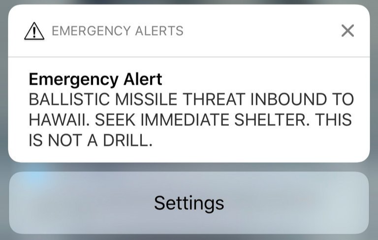 A screenshot of the false alert Hawaii's residents and visitors received on their phones in 2018.