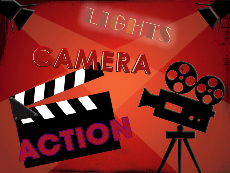 Animated GIF showing the words LIGHTS CAMERA ACTION.