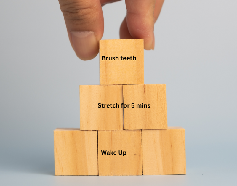 Stacked building blocks showing a morning routine: bottom 
