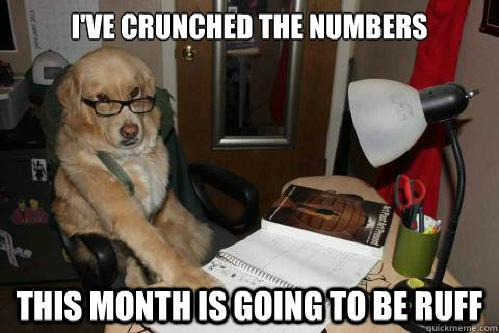 A dog wearing glasses behind desk says, "I've crunched the numbers, this month is going to be ruff."