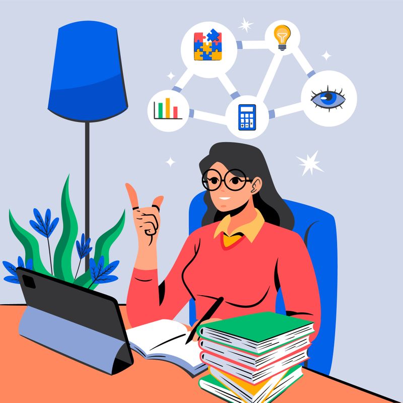 A woman seated at her desk with a mind map above her head including images of a lightbulb, puzzle, and calculator.