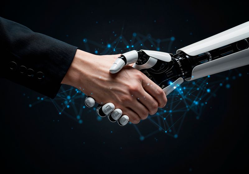 A human and robot shaking hands