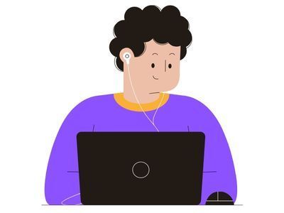 Man wearing earbuds works happily on his laptop.
