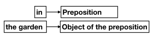 image showing 'in' as a preposition and 'the garden' as an object of the preposition.