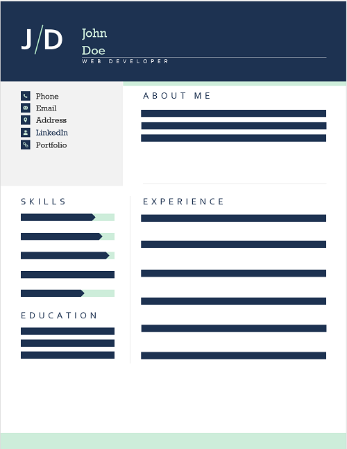 Example resume outlining clear sections for contact information, skills, education, about me, and experience. 