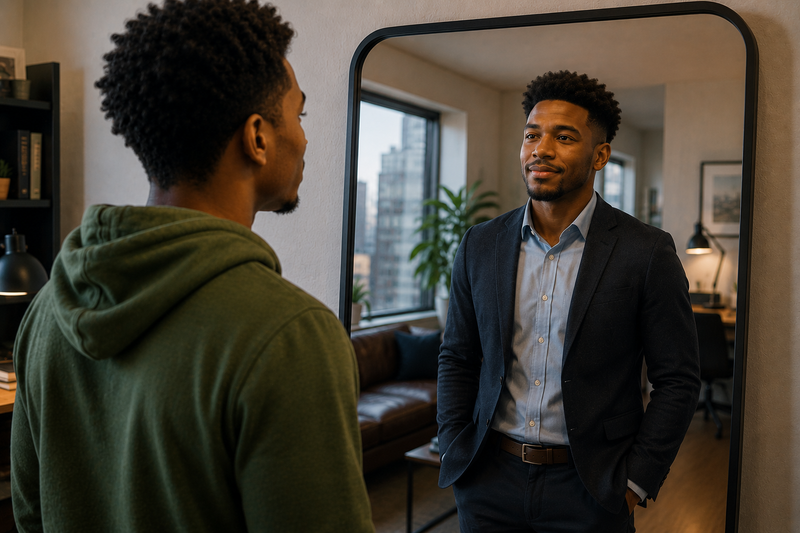 A young man looks into a mirror and sees a future version of himself smiling back at him.