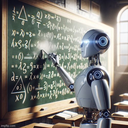 A robot working on a math problem on a chalkboard.