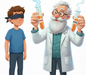Scientist holding test tubes and the participant standing next to him is blindfolded.